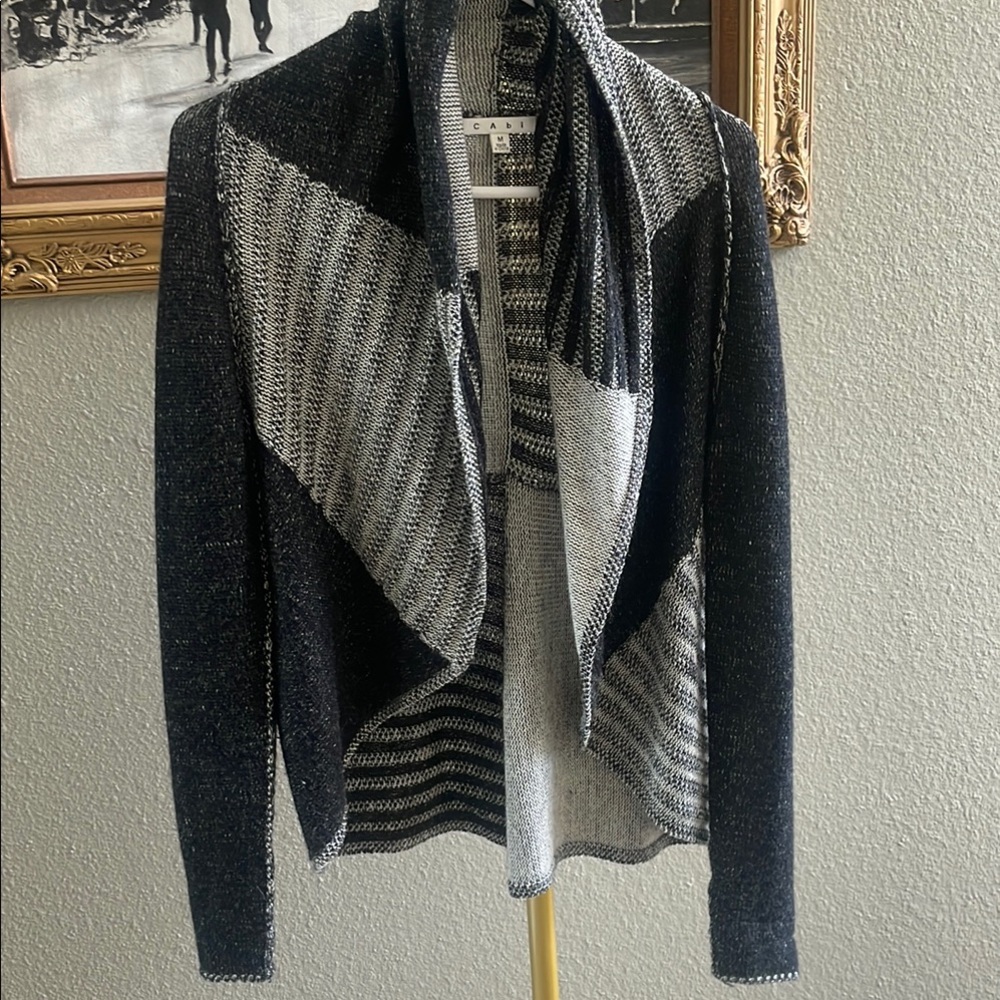Cabi Black and Gray Asymmetrical Cardigan Sweater size medium